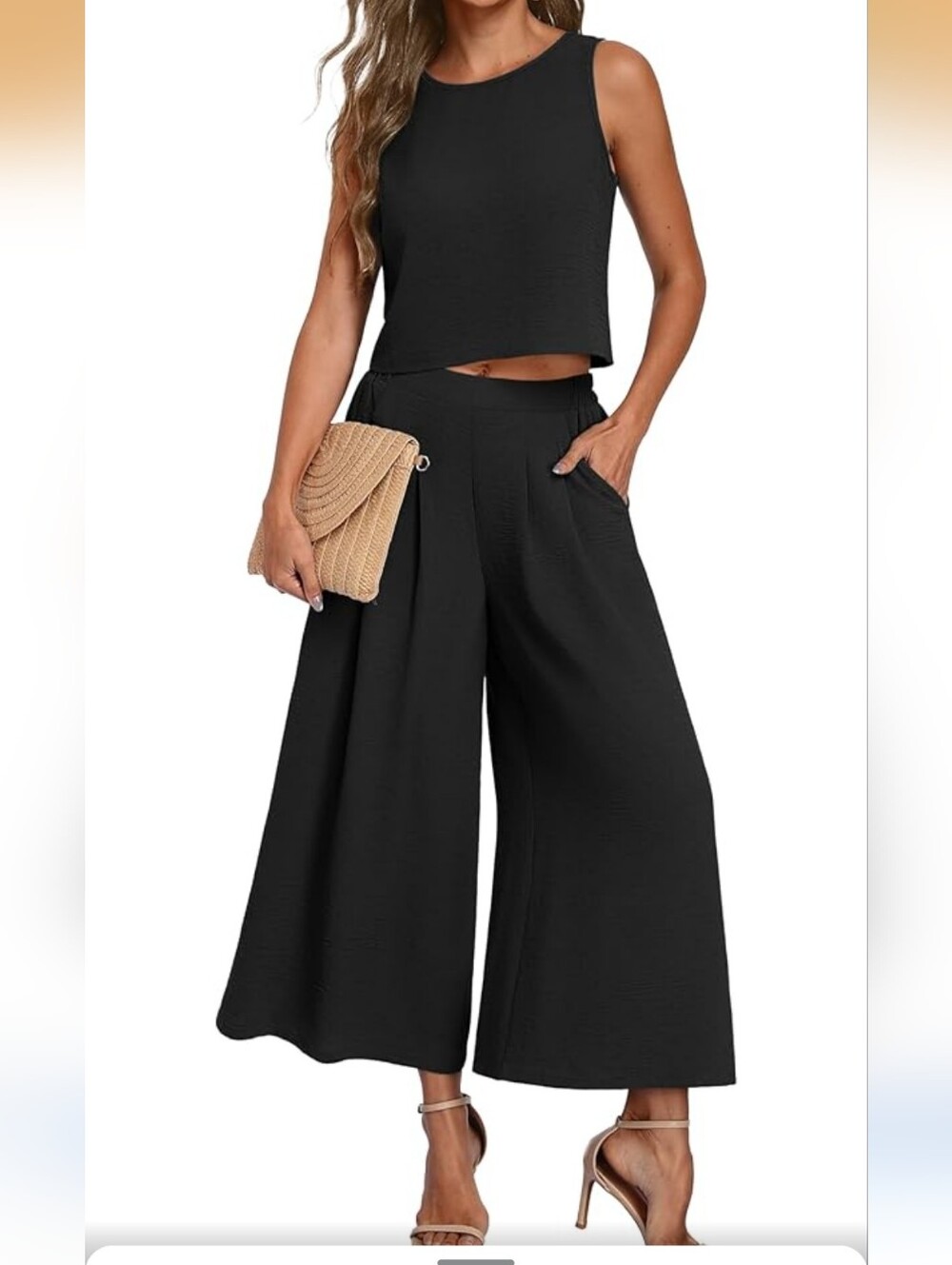 Women's Lepuno 2 Piece Black Sleeveless Crop Top & Flowy Wide Leg Pants